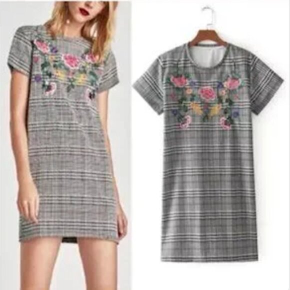 ZARA Plaid Floral Embroidered T-Shirt Dress Sequin - Picture 4 of 7